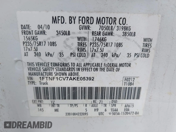 2010 Ford F-150 z VIN 1FTNF1CV7AKE05392, wystawiony jako IAAI lot #42422998 z przebiegiem 147 274 mil mil oraz . Historia ofert i sprzedaży dostępna na DreamBid. Obrazek 9.