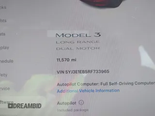 2024 Tesla Model 3 Long Range with VIN 5YJ3E1EB5RF733965, listed as a IAAI auction lot 41613919 with 11,570 mi miles and . Bid and sale history available at DreamBid. Image 7.