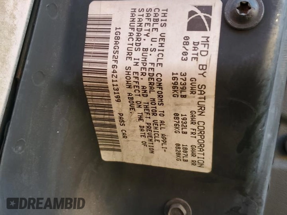 2004 Saturn ION ION 1 z VIN 1G8AG52F64Z113199, wystawiony jako Copart lot #42322425 z przebiegiem 237 255 mil mil oraz Szkoda całkowita • Salvage title. Historia ofert i sprzedaży dostępna na DreamBid. Obrazek 12.