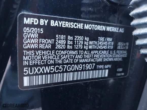 2016 BMW X4 xDrive35i with VIN 5UXXW5C57G0N91907, listed as a IAAI auction lot 41480429 with NaN miles. Bid and sale history available at carsss.com. Image 9.