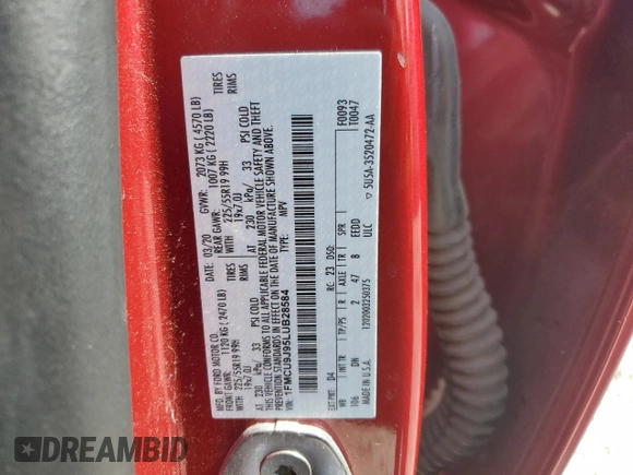 2020 Ford Escape Titanium with VIN 1FMCU9J95LUB28584, listed as a Copart auction lot 59967785 with 94,392 mi miles and Salvage title. Bid and sale history available at DreamBid. Image 13.