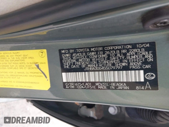 2005 Lexus ES 350 с VIN JTHBA30G455079797, выставлен на аукционе IAAI как лот 42471747 с пробегом 119 330 миль миль и . История ставок и продаж доступна на DreamBid. Изображение 9.