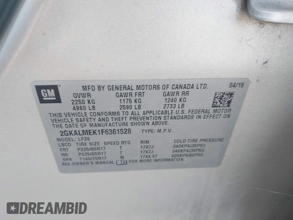 2015 GMC Terrain SLE with VIN 2GKALMEK1F6361528, listed as a IAAI auction lot 42783893 with 180,419 mi miles and . Bid and sale history available at DreamBid. Image 9.