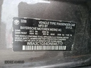 2013 BMW 3 Series 328i with VIN WBA3C1G54DNR46717, listed as a Copart auction lot 54440865 with 195,267 mi miles and Salvage Title. Bid and sale history available at carsss.com. Image 12.