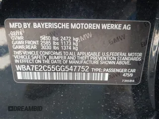 2016 BMW 7 Series 740i with VIN WBA7E2C55GG547752, listed as a IAAI auction lot 41992704 with Not Provided miles and . Bid and sale history available at carsss.com. Image 9.