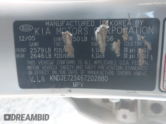 2006 Kia Sportage LX with VIN KNDJE723467202880, listed as a IAAI auction lot 41828141 with 263,068 mi miles and . Bid and sale history available at DreamBid. Image 9.