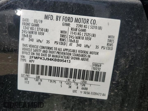 2019 Ford Edge SEL with VIN 2FMPK3J94KBB95413, listed as a Copart auction lot 59486305 with 92,158 mi miles and Salvage title. Bid and sale history available at DreamBid. Image 13.