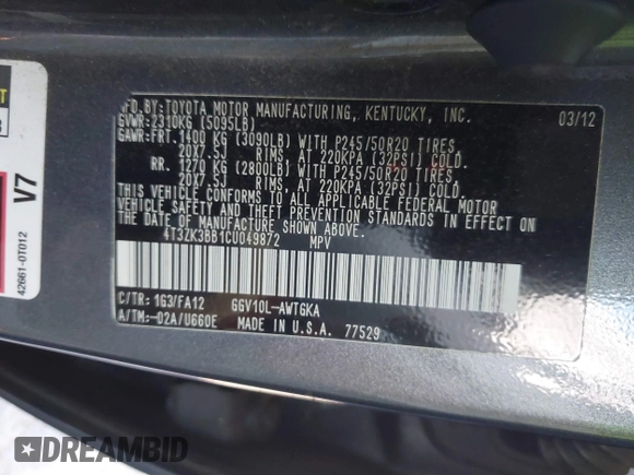 2012 Toyota Venza LE with VIN 4T3ZK3BB1CU049872, listed as a IAAI auction lot 40612707 with 129,396 mi miles. Bid and sale history available at carsss.com. Image 9.