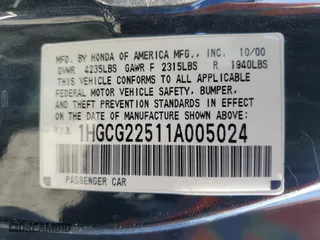2001 Honda Accord Cpe EX w/Leather with VIN 1HGCG22511A005024, listed as a Copart auction lot 50484235 with 254,832 mi miles and Salvage Title. Bid and sale history available at carsss.com. Image 13.