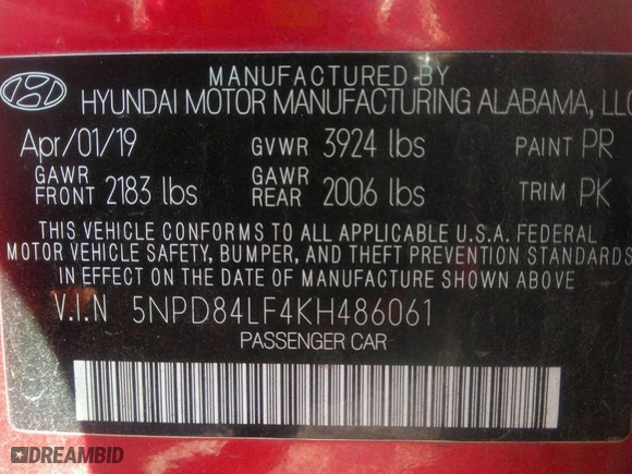 2019 Hyundai Elantra SEL with VIN 5NPD84LF4KH486061, listed as a IAAI auction lot 40950500 with 80,290 mi miles. Bid and sale history available at carsss.com. Image 9.