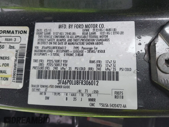 2015 Ford Fusion SE with VIN 3FA6P0LU8FR306012, listed as a IAAI auction lot 41740501 with 144,427 mi miles and . Bid and sale history available at carsss.com. Image 9.