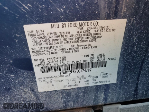 2014 Ford Taurus SEL z VIN 1FAHP2E88EG174797, wystawiony jako Copart lot #53961615 z przebiegiem Nie podano mil oraz Szkody całkowita. Historia ofert i sprzedaży dostępna na DreamBid. Obrazek 12.