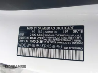 2019 Mercedes-Benz C 300 with VIN WDDWF8DB3KR458090, listed as a IAAI auction lot 42358177 with 33,201 mi miles and . Bid and sale history available at DreamBid. Image 9.