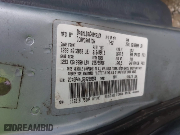 2003 Chrysler Town & Country LX with VIN 2C4GP44L53R209654, listed as a IAAI auction lot 41305673 with 258,070 mi miles and . Bid and sale history available at DreamBid. Image 9.