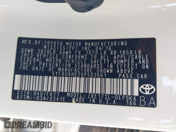 2016 Toyota Corolla L с VIN 5YFBURHE2GP503661, выставлен на аукционе IAAI как лот 42390619 с пробегом 128 373 миль миль и . История ставок и продаж доступна на DreamBid. Изображение 9.
