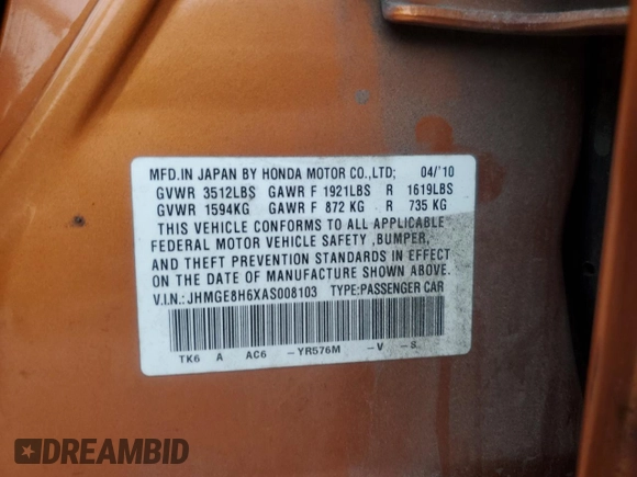 2010 Honda Fit Sport с VIN JHMGE8H6XAS008103, выставлен на аукционе Copart как лот 80005364 с пробегом 162 210 миль миль и На запчасти • Non repairable. История ставок и продаж доступна на DreamBid. Изображение 13.