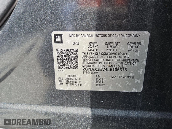 2020 Chevrolet Equinox LT with VIN 2GNAXJEV4L6105315, listed as a Copart auction lot 49784015 with 86,754 mi miles and Clean title. Bid and sale history available at DreamBid. Image 13.