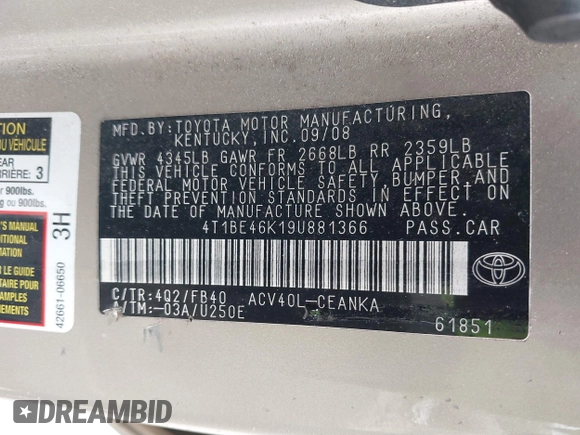 2009 Toyota Camry with VIN 4T1BE46K19U881366, listed as a IAAI auction lot 42039334 with 208,016 mi miles. Bid and sale history available at carsss.com. Image 9.