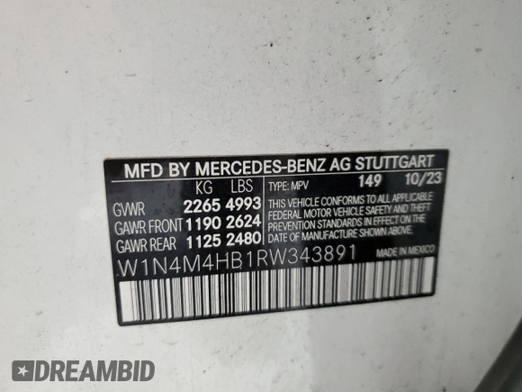 2024 Mercedes-Benz GLB 250 с VIN W1N4M4HB1RW343891, выставлен на аукционе Copart как лот 85854414 с пробегом 11 766 миль миль и Списание • Salvage title. История ставок и продаж доступна на DreamBid. Изображение 13.