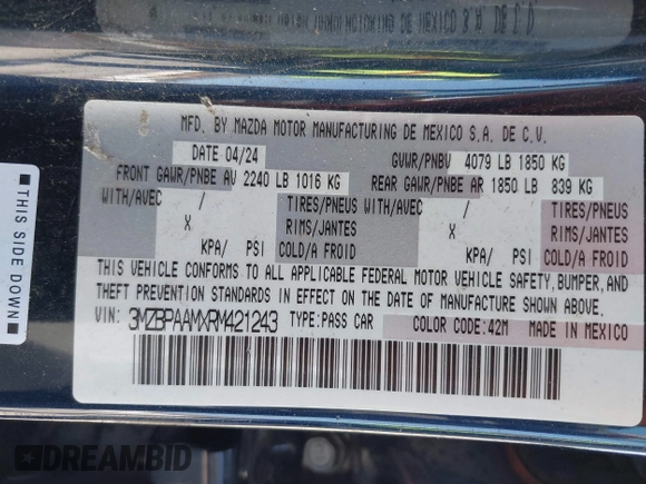 2024 Mazda 3 S with VIN 3MZBPAAMXRM421243, listed as a IAAI auction lot 41997588 with 10,099 mi miles and . Bid and sale history available at DreamBid. Image 9.