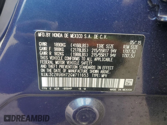 2016 Honda HR-V EX-L w/Navi with VIN 3CZRU6H72GM711653, listed as a Copart auction lot 47847185 with 76,711 mi miles and Clean Title. Bid and sale history available at carsss.com. Image 13.