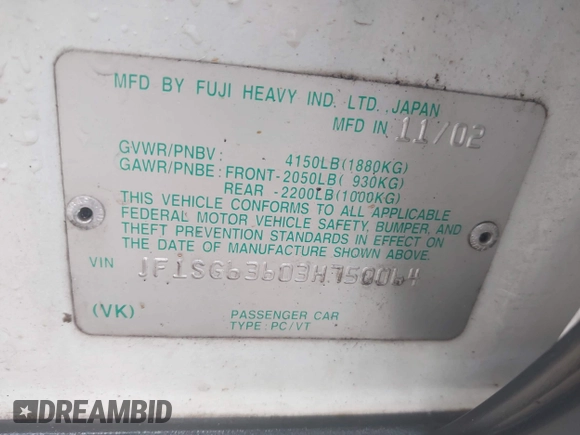 2003 Subaru Forester X with VIN JF1SG63603H750064, listed as a IAAI auction lot 42160772 with 156,699 mi miles and . Bid and sale history available at DreamBid. Image 9.