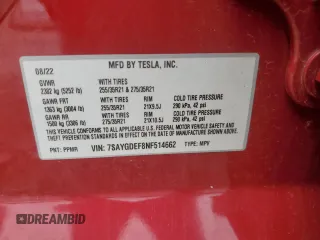 2022 Tesla Model Y Performance with VIN 7SAYGDEF8NF514662, listed as a Copart auction lot 60230305 with 81,926 mi miles and Salvage title. Bid and sale history available at DreamBid. Image 13.