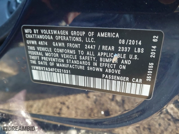 2015 Volkswagen Passat 2.0L TDI SE w/Sunroof with VIN 1VWBV7A34FC021031, listed as a IAAI auction lot 41601548 with 173,402 mi miles. Bid and sale history available at carsss.com. Image 9.