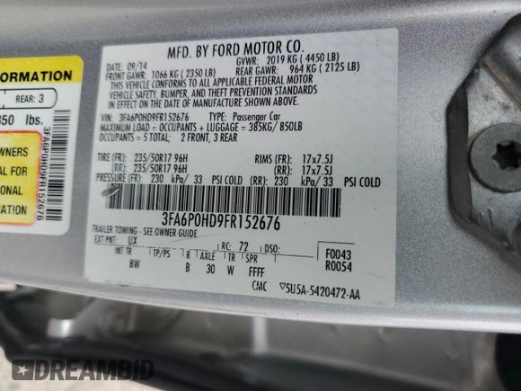 2015 Ford Fusion SE with VIN 3FA6P0HD9FR152676, listed as a Copart auction lot 54693845 with 218,192 mi miles and Clean Title. Bid and sale history available at carsss.com. Image 12.