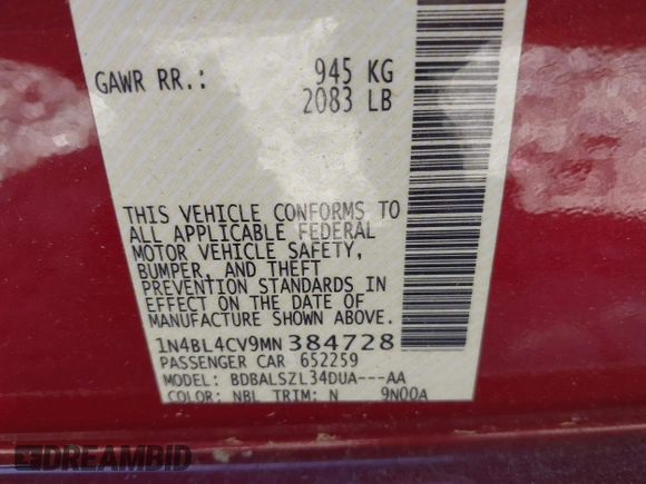 2021 Nissan Altima 2.5 SR with VIN 1N4BL4CV9MN384728, listed as a IAAI auction lot 41833575 with 31,713 mi miles. Bid and sale history available at carsss.com. Image 9.