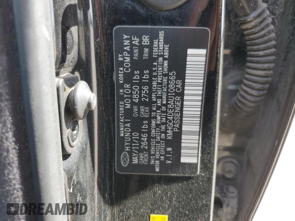 2010 Hyundai Genesis with VIN KMHGC4DE8AU108665, listed as a Copart auction lot 56487034 with 191,000 mi miles and Salvage Title. Bid and sale history available at carsss.com. Image 12.