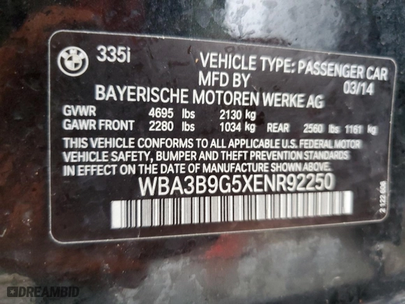 2014 BMW 3 Series 335i xDrive with VIN WBA3B9G5XENR92250, listed as a Copart auction lot 46916435 with 132,261 mi miles and Salvage Title. Bid and sale history available at carsss.com. Image 12.