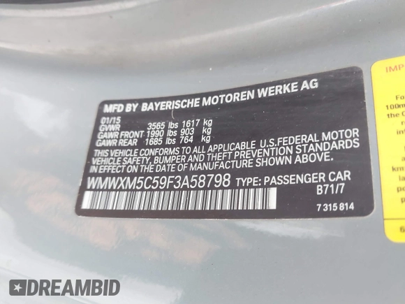 2015 MINI Hardtop with VIN WMWXM5C59F3A58798, listed as a IAAI auction lot 41514988 with 127,771 mi miles and . Bid and sale history available at DreamBid. Image 9.