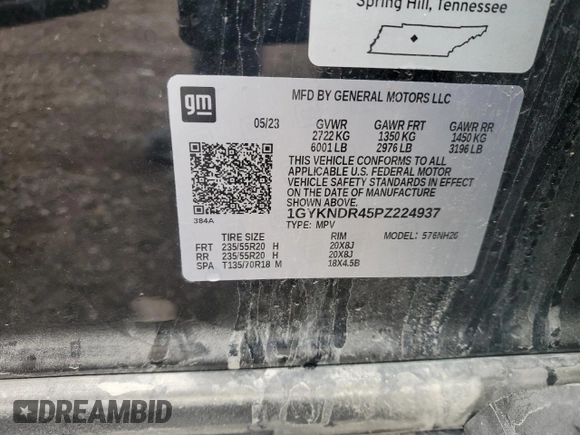 2023 Cadillac XT5 AWD Premium Luxury with VIN 1GYKNDR45PZ224937, listed as a Copart auction lot 57599125 with 12,905 mi miles and Salvage title. Bid and sale history available at DreamBid. Image 13.