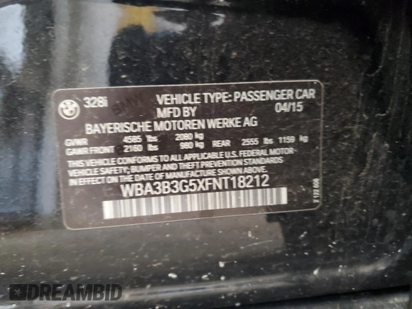 2015 BMW 3 Series 328i xDrive z VIN WBA3B3G5XFNT18212, wystawiony jako Copart lot #62888335 z przebiegiem 109 206 mil mil oraz Czysty tytuł • Clean title. Historia ofert i sprzedaży dostępna na DreamBid. Obrazek 12.