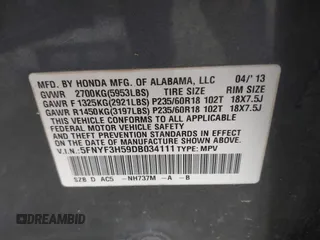 2013 Honda Pilot EX-L with VIN 5FNYF3H59DB034111, listed as a IAAI auction lot 42021779 with 223,572 mi miles. Bid and sale history available at carsss.com. Image 9.