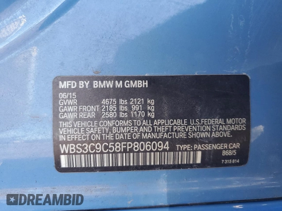 2015 BMW M3 z VIN WBS3C9C58FP806094, wystawiony jako Copart lot #52009855 z przebiegiem Nie podano mil oraz Szkody całkowita. Historia ofert i sprzedaży dostępna na DreamBid. Obrazek 12.