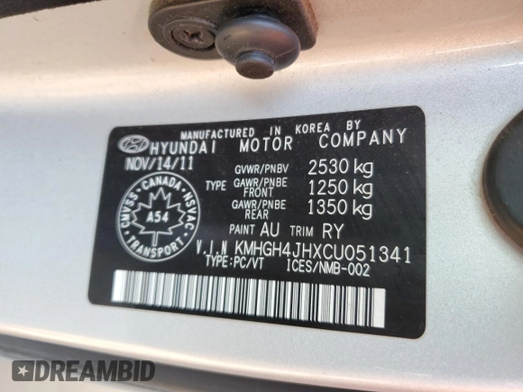2012 Hyundai Equus Signature with VIN KMHGH4JHXCU051341, listed as a Copart auction lot 46582205 with 161,776 mi miles and Clean title. Bid and sale history available at DreamBid. Image 12.