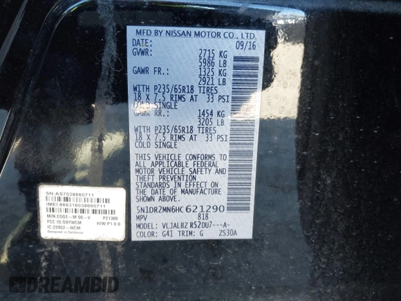 2017 Nissan Pathfinder S with VIN 5N1DR2MN6HC621290, listed as a IAAI auction lot 41691799 with 166,996 mi miles and . Bid and sale history available at DreamBid. Image 9.