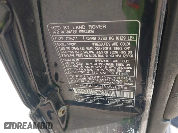 2001 Land Rover Range Rover с VIN SALPM16461A457855, выставлен на аукционе IAAI как лот 42195837 с пробегом 87 495 миль миль и . История ставок и продаж доступна на DreamBid. Изображение 9.