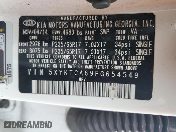2015 Kia Sorento LX with VIN 5XYKTCA69FG654549, listed as a Copart auction lot 52322315 with 202,842 mi miles and Clean Title. Bid and sale history available at DreamBid. Image 13.