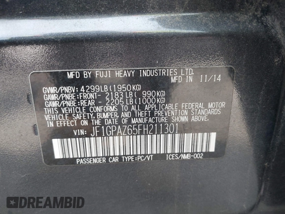 2015 Subaru Impreza Special Sports Limited with VIN JF1GPAZ65FH211301, listed as a IAAI auction lot 42428745 with 146,377 mi miles and . Bid and sale history available at DreamBid. Image 9.