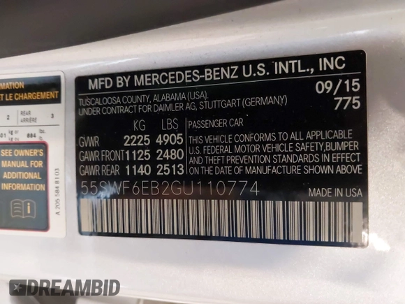 2016 Mercedes-Benz C 450 AMG with VIN 55SWF6EB2GU110774, listed as a IAAI auction lot 42239393 with 41,237 mi miles and . Bid and sale history available at DreamBid. Image 9.