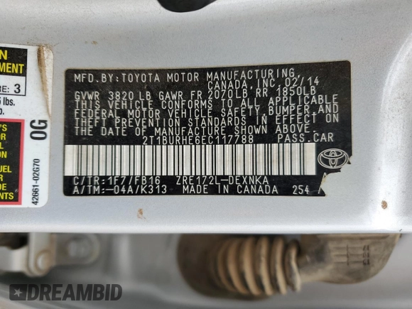 2014 Toyota Corolla L с VIN 2T1BURHE6EC117788, выставлен на аукционе Copart как лот 51593715 с пробегом 198 567 миль миль и Чистый • Clean title. История ставок и продаж доступна на DreamBid. Изображение 12.