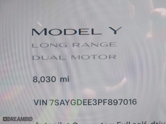 2023 Tesla Model Y Long Range with VIN 7SAYGDEE3PF897016, listed as a IAAI auction lot 40407572 with 8,030 mi miles. Bid and sale history available at carsss.com. Image 16.