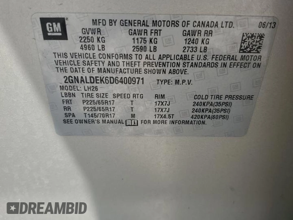 2013 Chevrolet Equinox LT with VIN 2GNALDEK6D6400971, listed as a Copart auction lot 53633555 with 142,694 mi miles and Salvage Title. Bid and sale history available at carsss.com. Image 13.