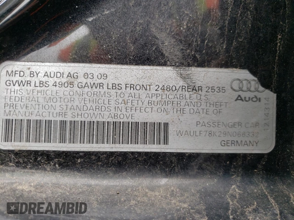 2009 Audi A4 Premium с VIN WAULF78K29N066332, выставлен на аукционе Copart как лот 56949945 с пробегом 147 164 миль миль и На запчасти • Non repairable. История ставок и продаж доступна на DreamBid. Изображение 12.