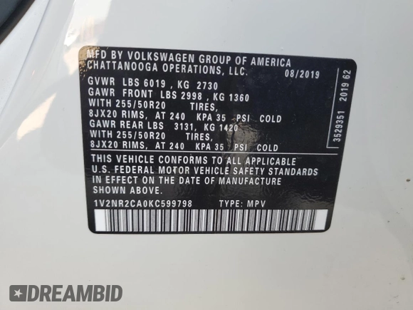 2019 Volkswagen Atlas SEL Premium z VIN 1V2NR2CA0KC599798, wystawiony jako Copart lot #48874285 z przebiegiem 66 451 mil mil oraz Szkoda całkowita • Salvage title. Historia ofert i sprzedaży dostępna na DreamBid. Obrazek 13.