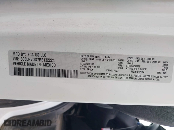 2024 Ram ProMaster Cargo Tradesman with VIN 3C6LRVDG7RE132224, listed as a IAAI auction lot 41711911 with 22,973 mi miles and . Bid and sale history available at DreamBid. Image 9.
