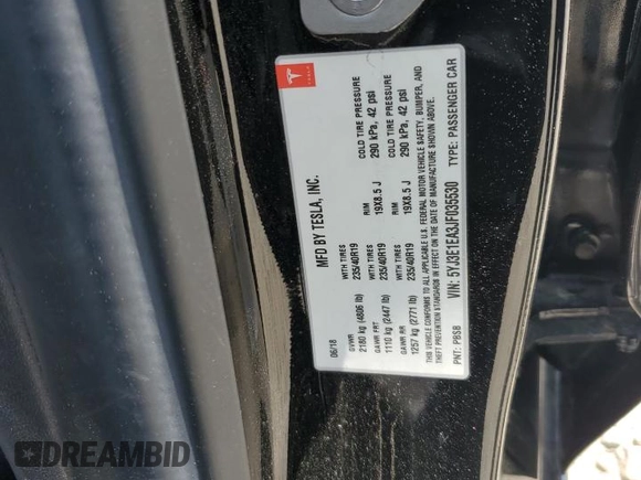 2018 Tesla Model 3 Long Range Battery with VIN 5YJ3E1EA3JF035530, listed as a Copart auction lot 53933835 with 53,697 mi miles and Salvage Title. Bid and sale history available at DreamBid. Image 12.